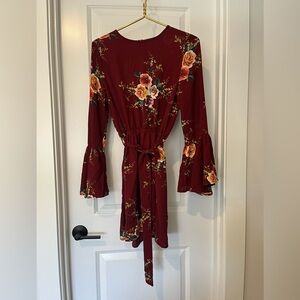 Parisian Burgundy Floral Long Bell Sleeve Dress NWOT